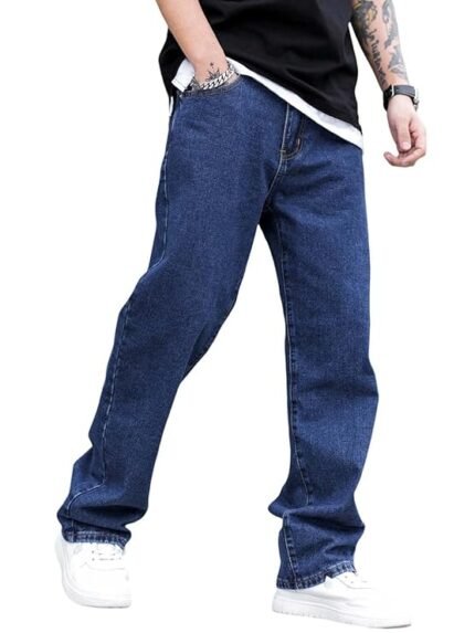 Men’s Loose Fit Straight Leg Denim Jeans – Classic Blue Streetwear Style